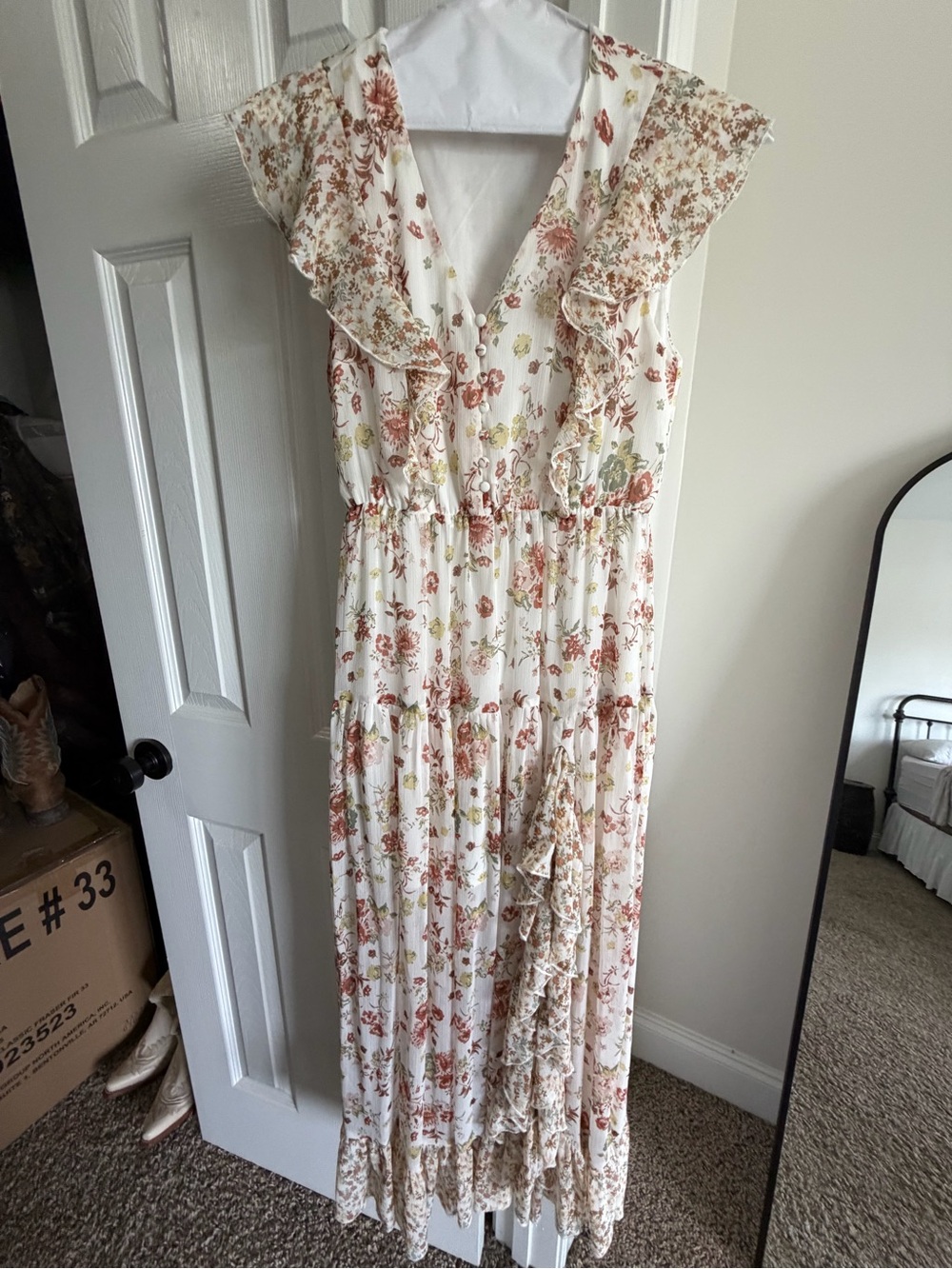 Miss Me Ivory Floral Maxi Dress with Rust & Sage Accents